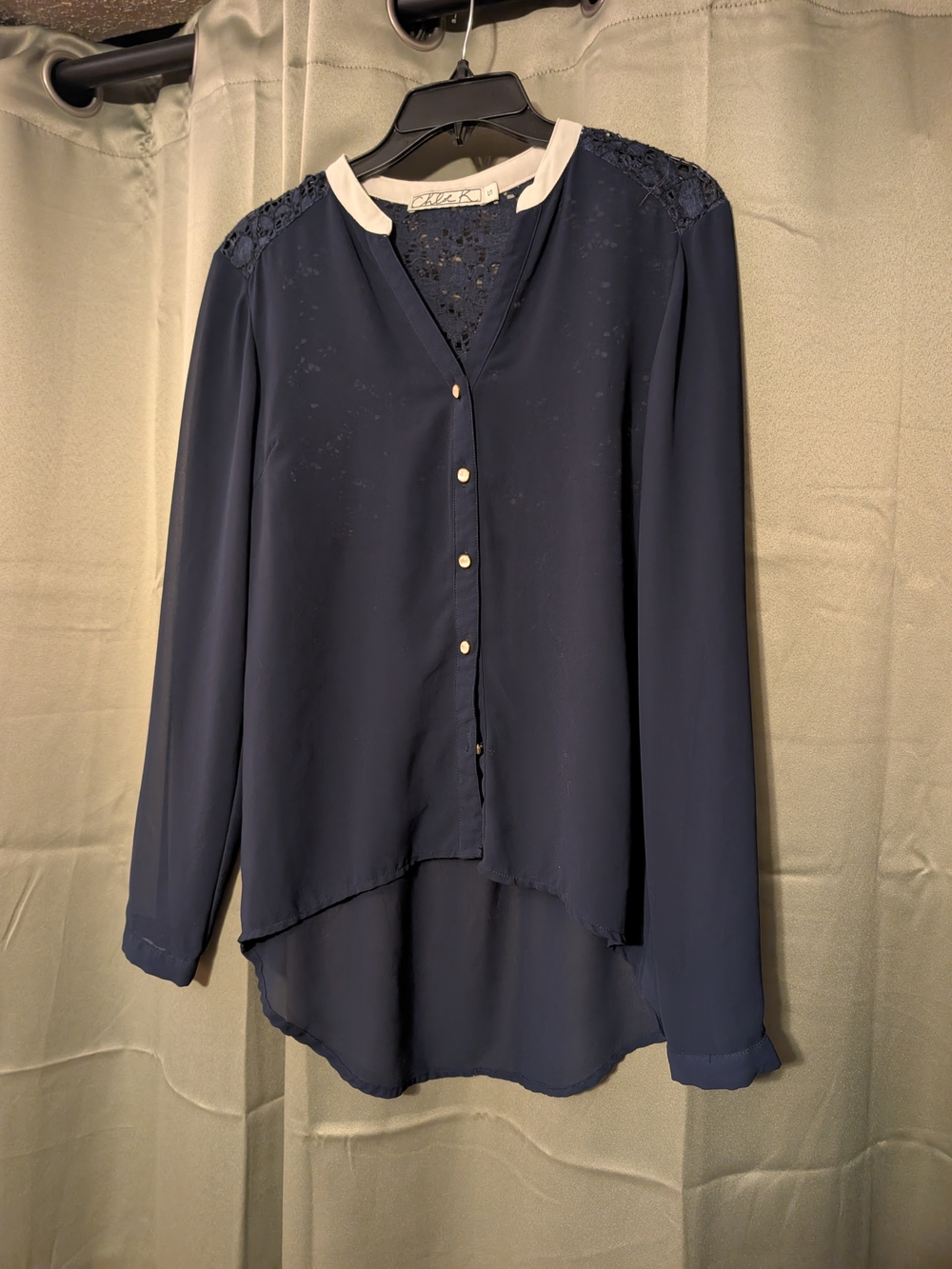 Chloe K Navy Blouse with White Contrast Collar and Lace Shoulders